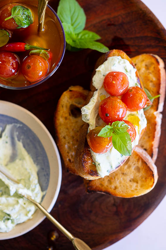 Marinated tomatoes with whipped ricotta on toast