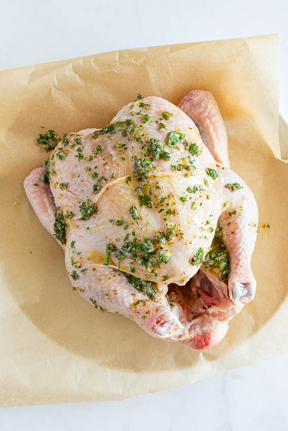 Chicken seasoned with olive oil, lemon, garlic and herbs
