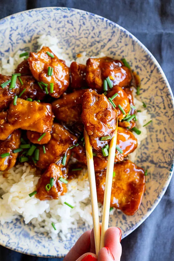 Air fryer orange chicken with steamed rice.