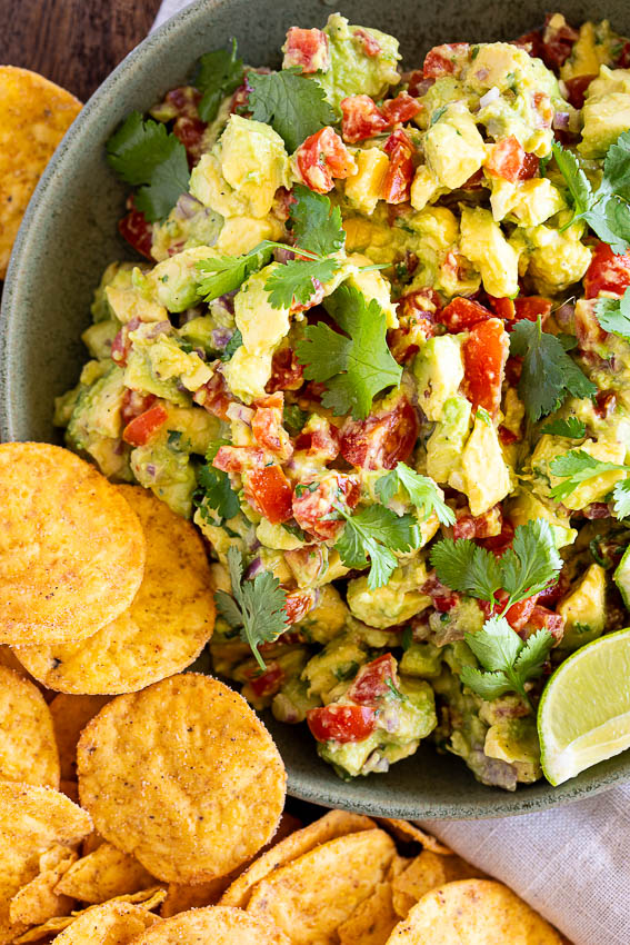 Easy avocado salsa with tortilla chips.