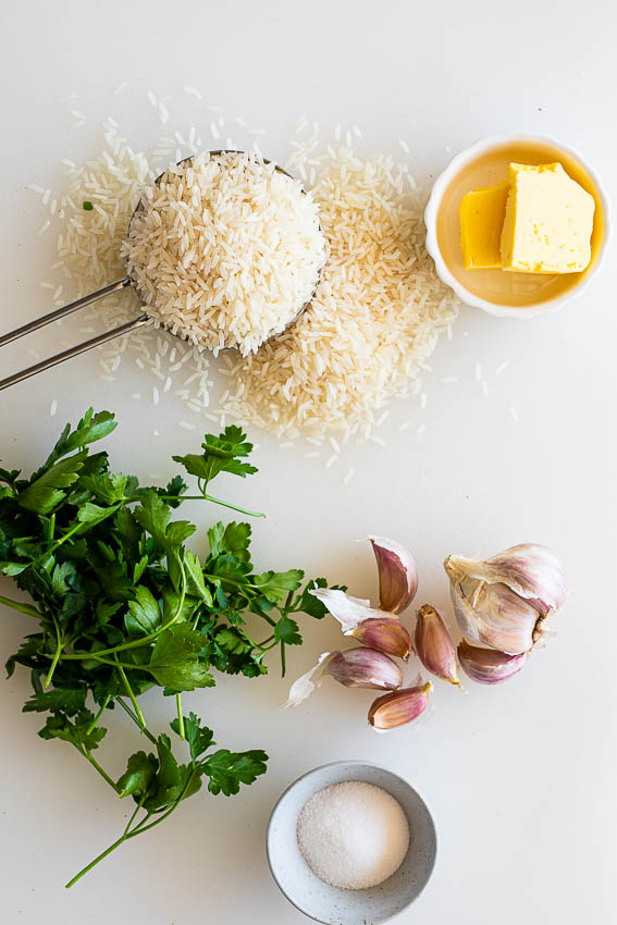 Ingredients for garlic butter rice.