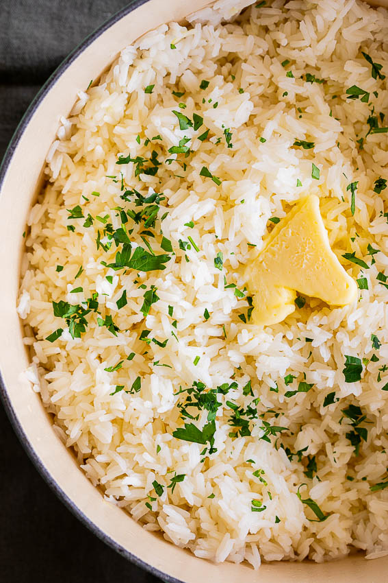 Garlic Butter Rice in pot.