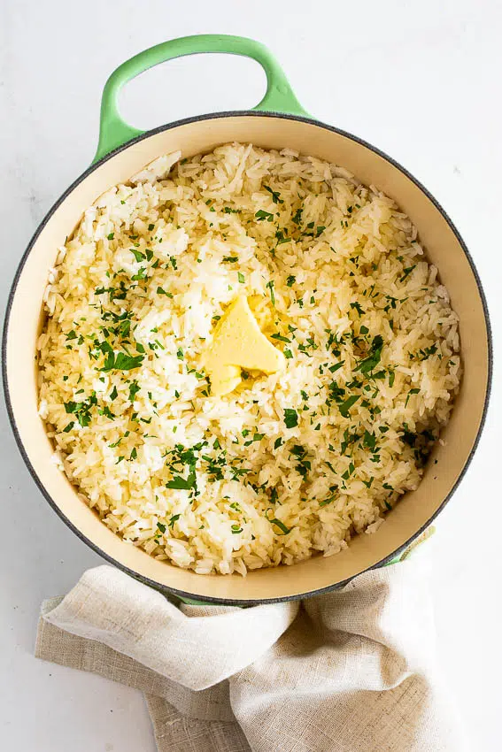 Garlic Butter Rice in Dutch oven
