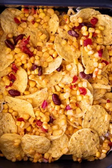 Air Fryer Nachos with corn and beans.