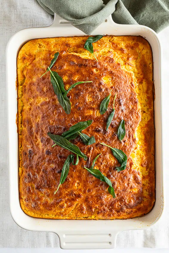 Creamy Corn Casserole with crispy sage