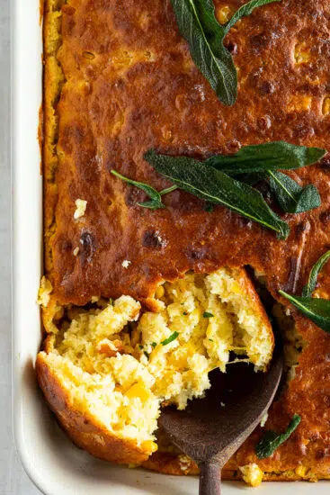 Creamy Corn Casserole with crispy sage