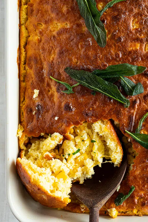 Creamy Corn Casserole with crispy sage