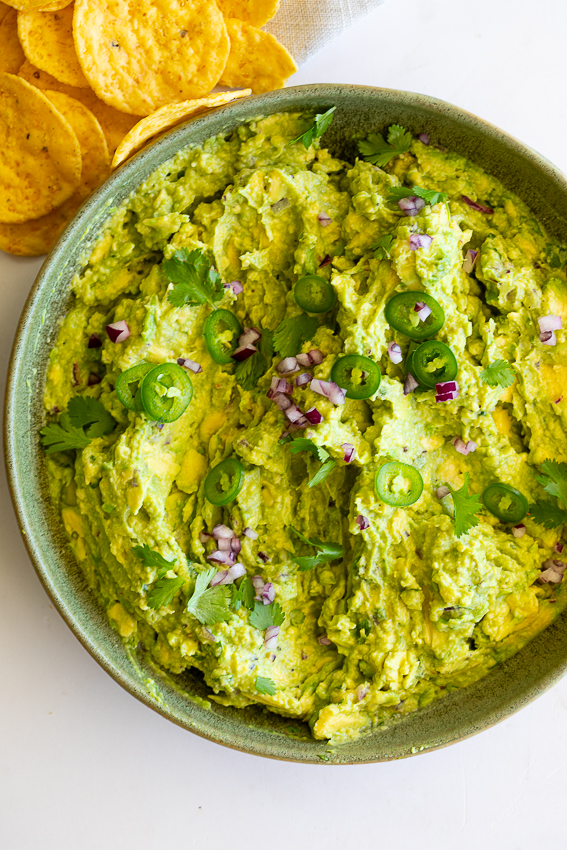 Easy Guacamole served with corn chips.