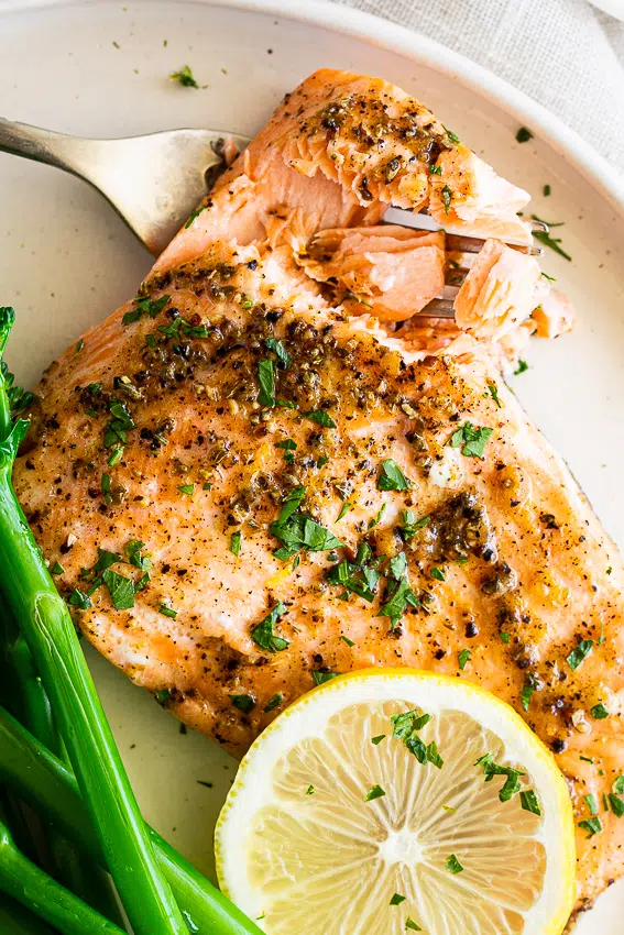 Lemon Pepper Salmon with sautéed broccoli.