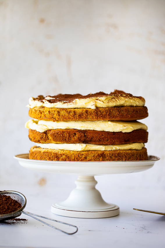 Tiramisu cake with layers of mascarpone cream and coffee-flavored cake.