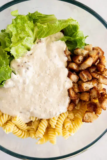 Caesar Pasta Salad with homemade dressing, croutons and parmesan cheese