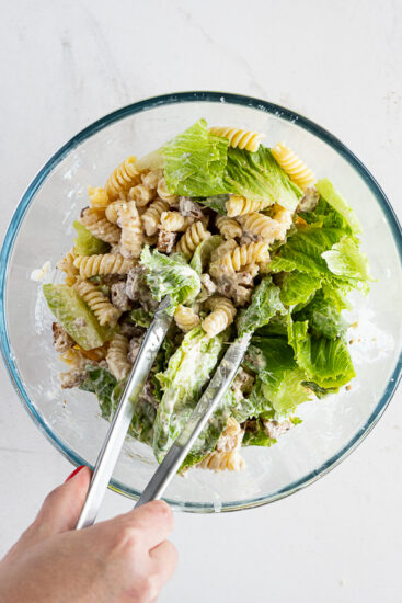 Caesar pasta salad tossed with homemade dressing