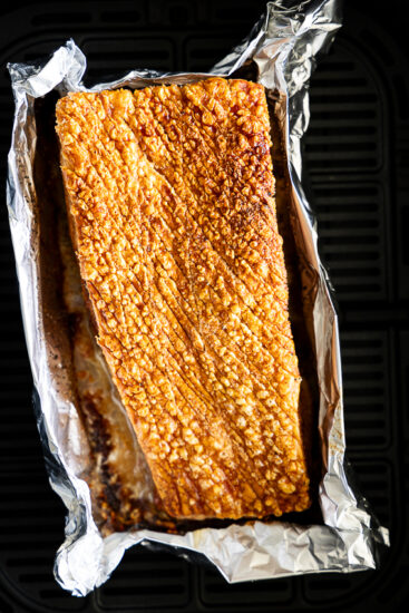 Pork belly with perfect crispy crackling cooked in the air fryer.