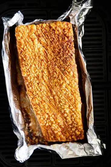 Pork belly with perfect crispy crackling cooked in the air fryer.