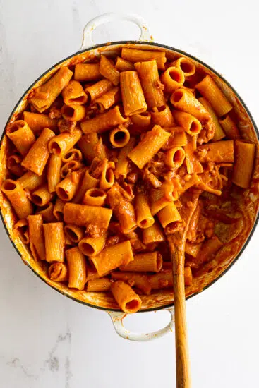 Rigatoni tossed with Italian tomato and sausage sauce