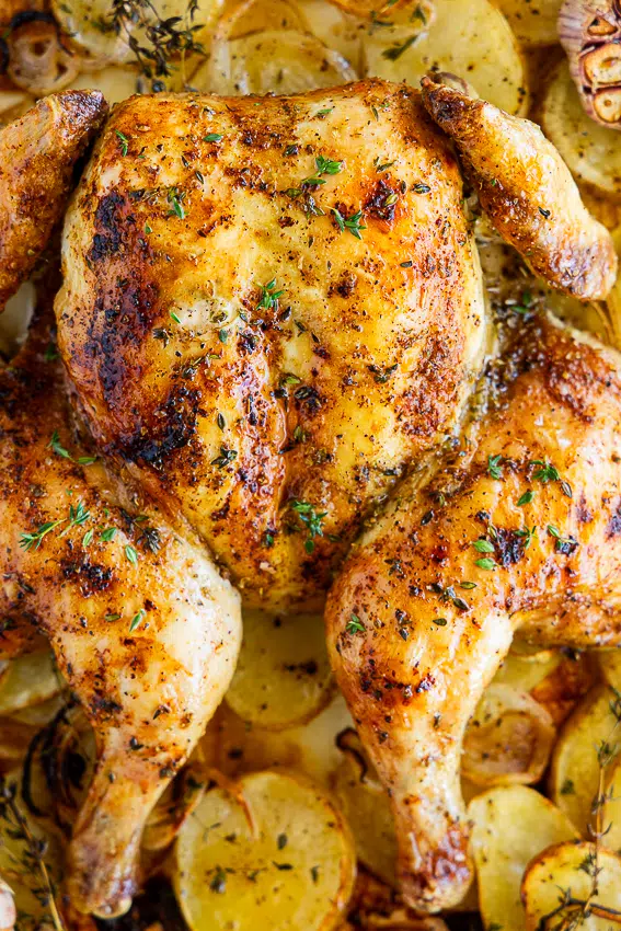 Oven Roasted Whole Chicken with potatoes, lemon and herbs.