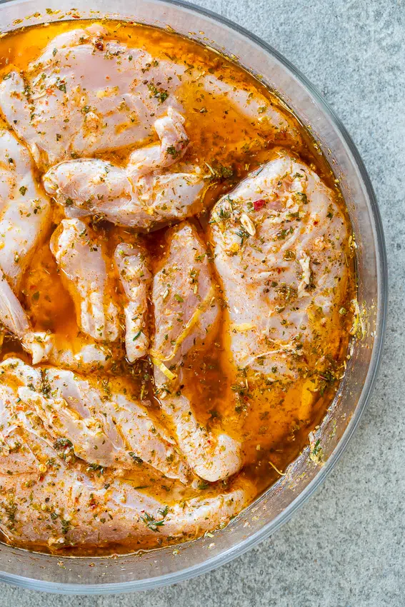 Chicken breasts marinated in olive oil, lemon and herbs.
