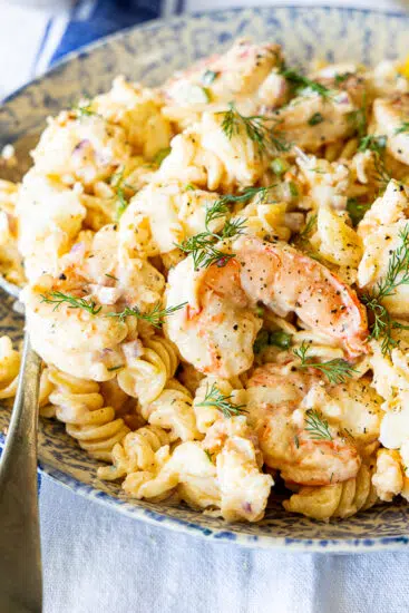Seafood Pasta Salad with creamy dressing.