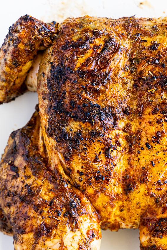 Marinated and grilled spatchcock chicken