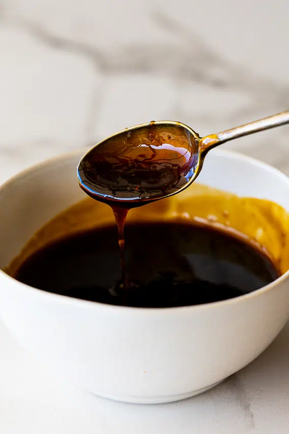 Homemade teriyaki sauce made with soy sauce, ginger and garlic.