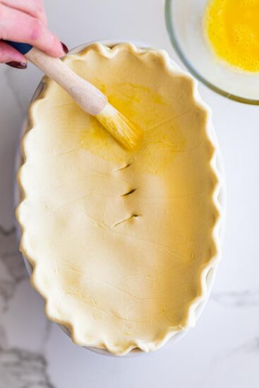 Chicken pot pie brushed with egg wash