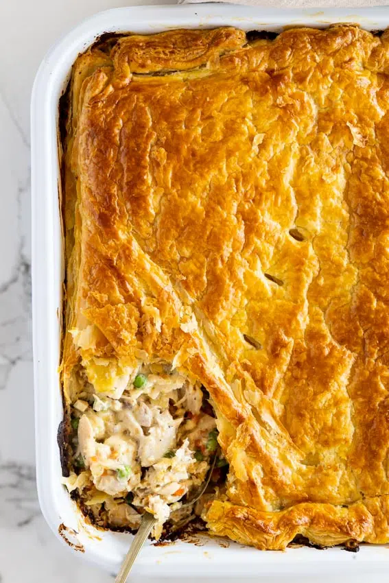 Chicken Pot Pie Casserole with puff pastry crust.