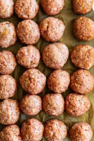 Formed meatballs on parchment paper