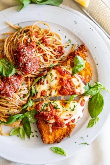 Air fryer chicken parmesan served with pasta