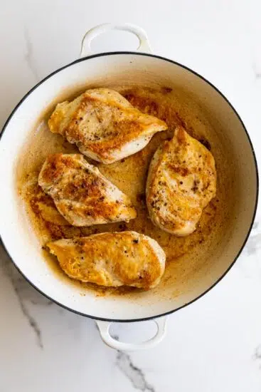 Seared chicken in braiser