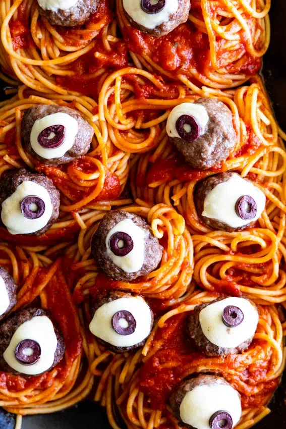 Halloween spaghetti with eyeballs
