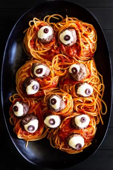 Halloween pasta with meatballs