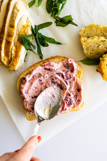 Cranberry mayo on white bread.