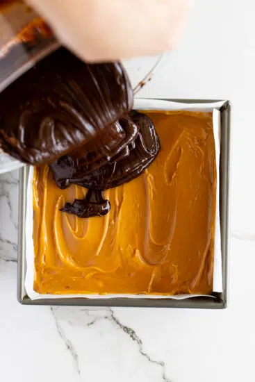 Chocolate ganache on caramel.