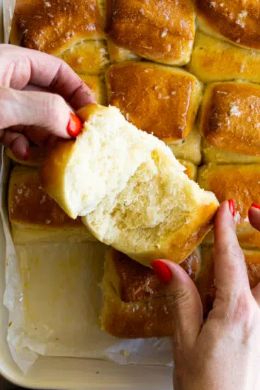 Soft and fluffy Parker house rolls.
