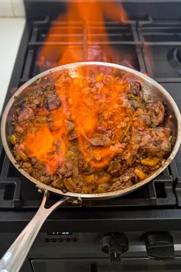 Chicken livers flambeed with brandy.