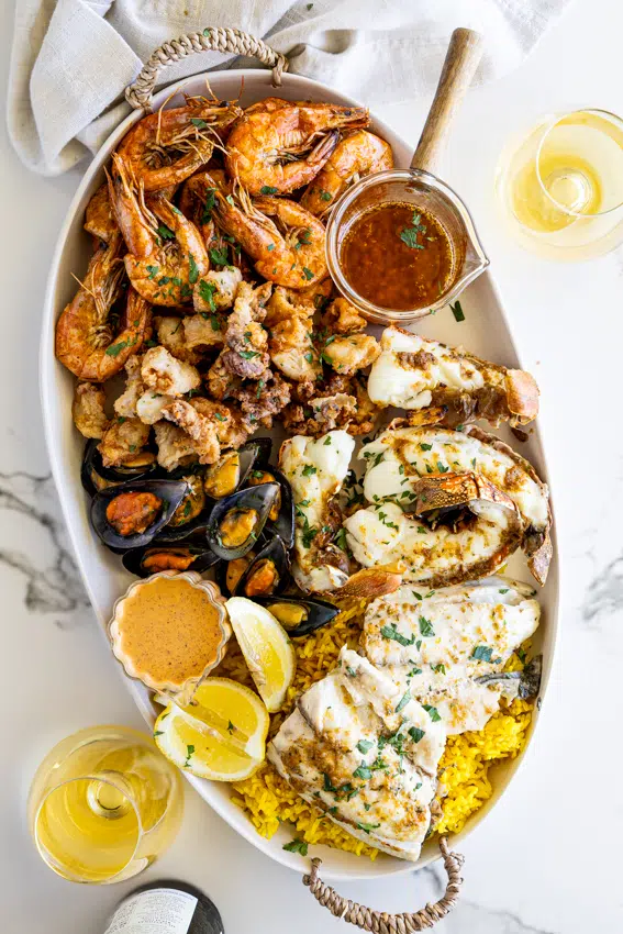 Seafood Platter with a variety of grilled and fried seafood.