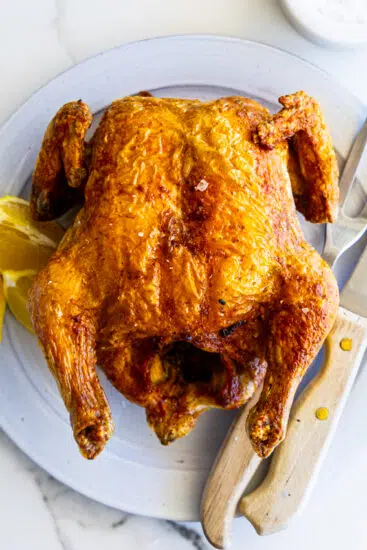 Rotisserie chicken cooked in air fryer until crisp and golden