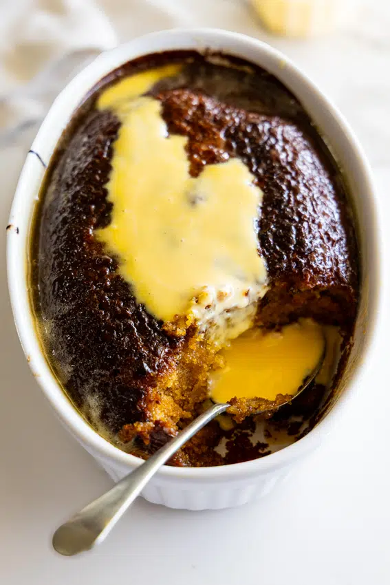 South African malva pudding with custard.