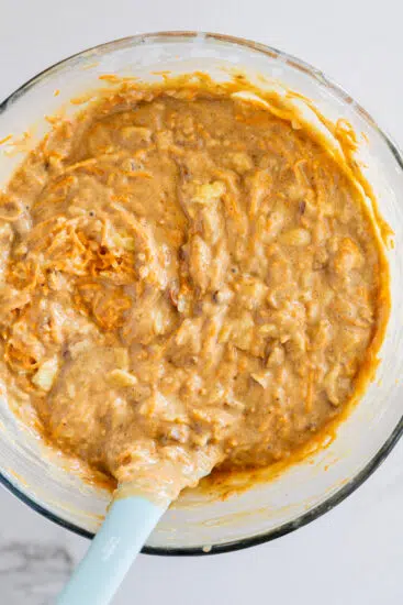 Carrot cake batter in mixing bowl.
