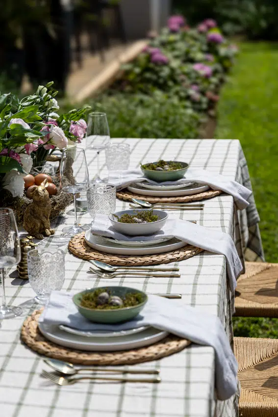 Neutral and Green Easter Tablescape with Pops of Pink.