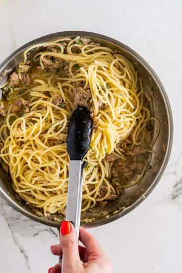 Pasta tossed with simple tuna pasta sauce