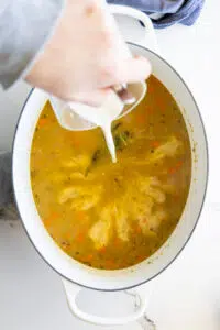 Milk and cream poured into chicken noodle soup.