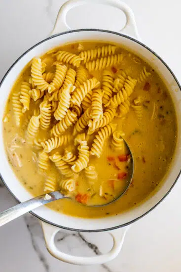 Cooked noodles stirred into chicken soup.