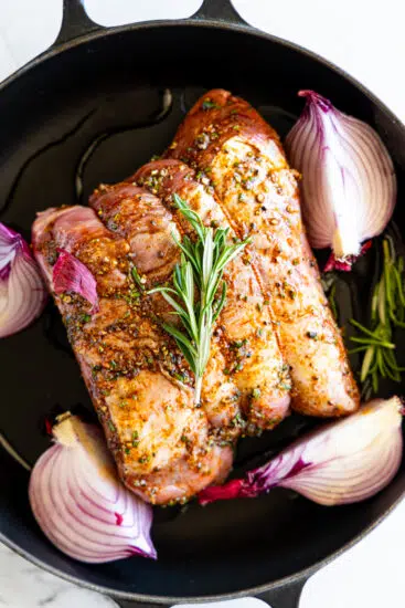 Ribeye roast in roasting pan.