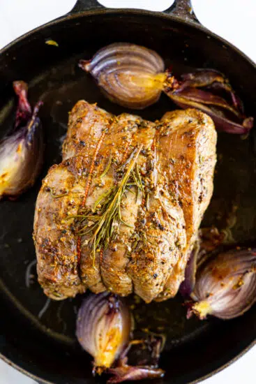 Ribeye roast in roasting pan.