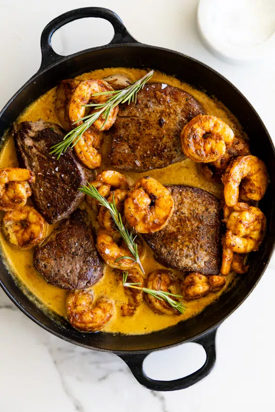 Surf and turf with creamy sauce.