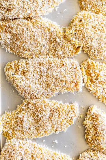 Breaded chicken cutlets.