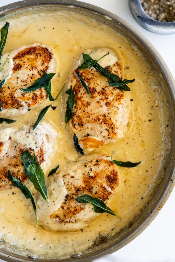Chicken breasts cooked in a creamy sage sauce.