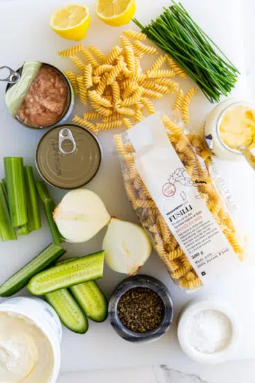 Ingredients for Easy Tuna Pasta Salad.