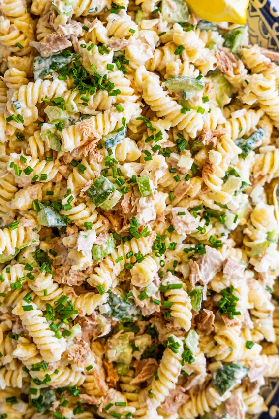 Easy Tuna Pasta Salad with fusilli pasta.
